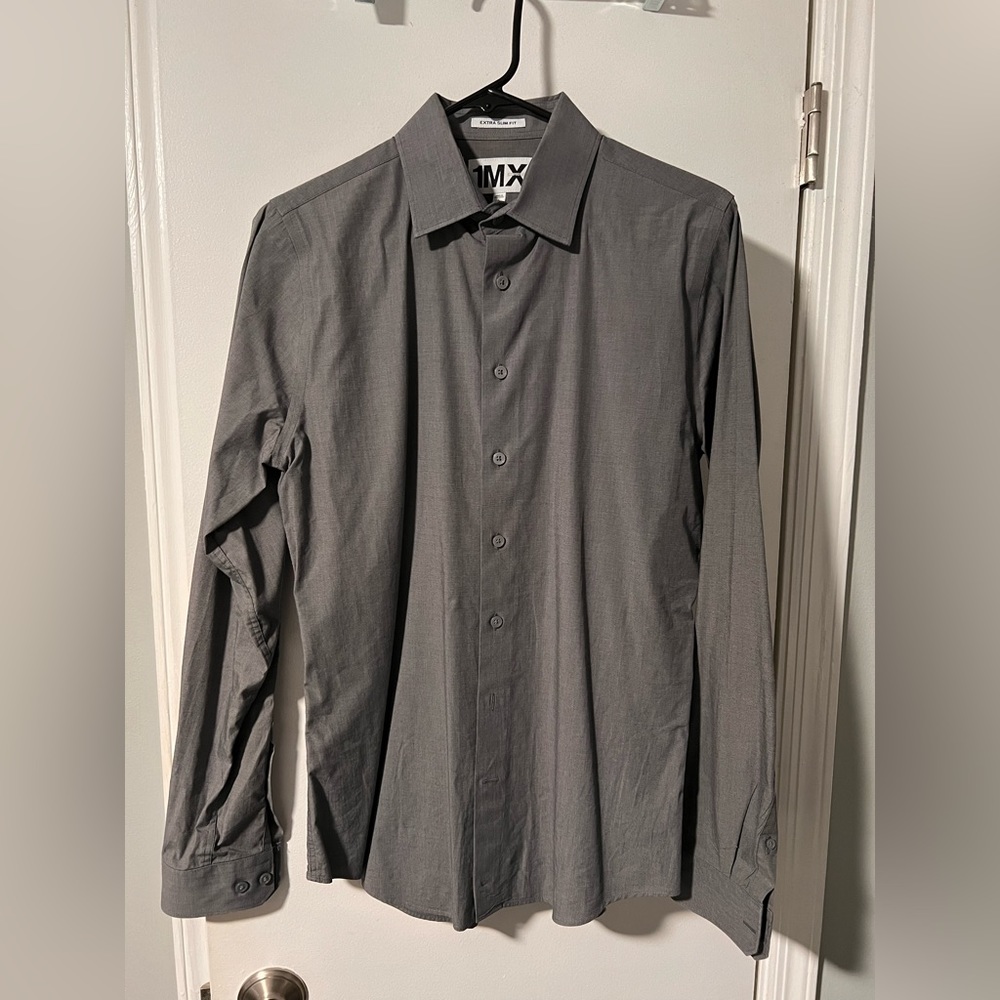 Gray EXPRESS 1MX button down solid dress shirt extra slim small 14-14.5 neck